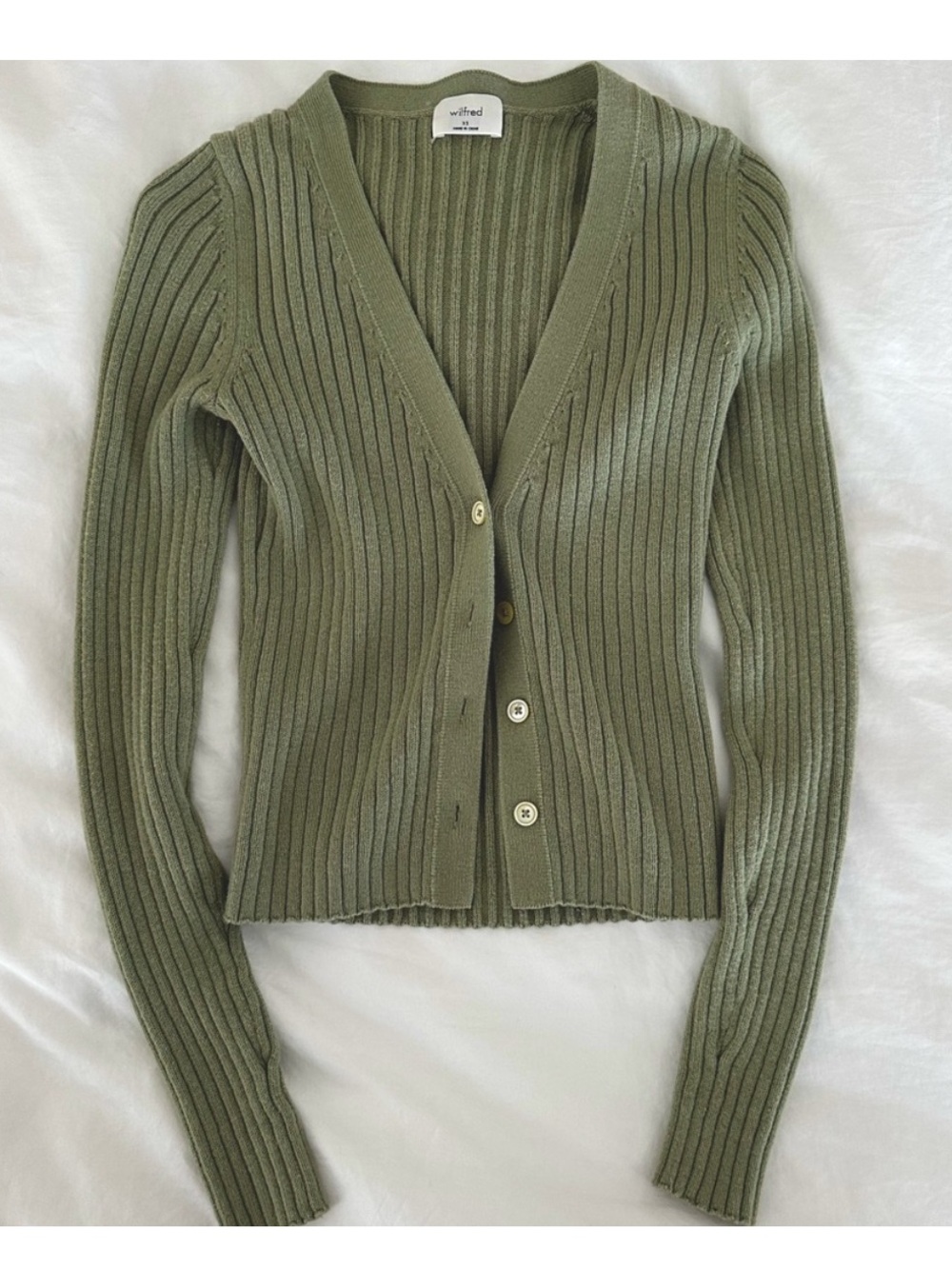 Aritzia Olive Green Ribbed V-Neck Button Cardigan